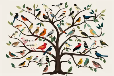 Stylized Illustration Of Diverse Birds Perched On Tree