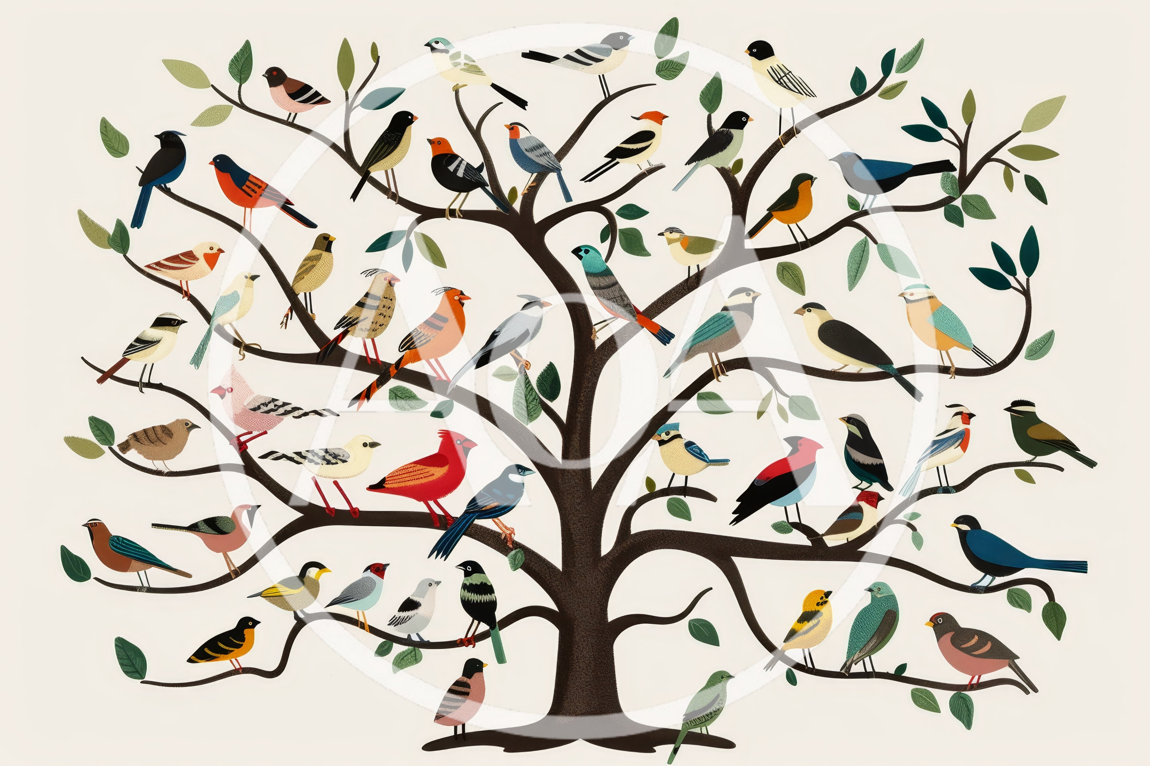 Stylized Illustration Of Diverse Birds Perched On Tree