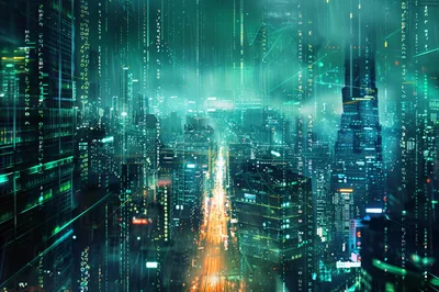 Futuristic Cyberpunk Cityscape With Digital Data Rain