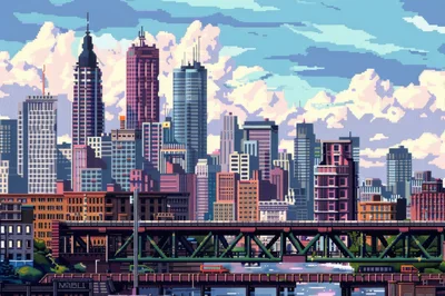 Pixel Art Cityscape With Elevated Railway Bridge