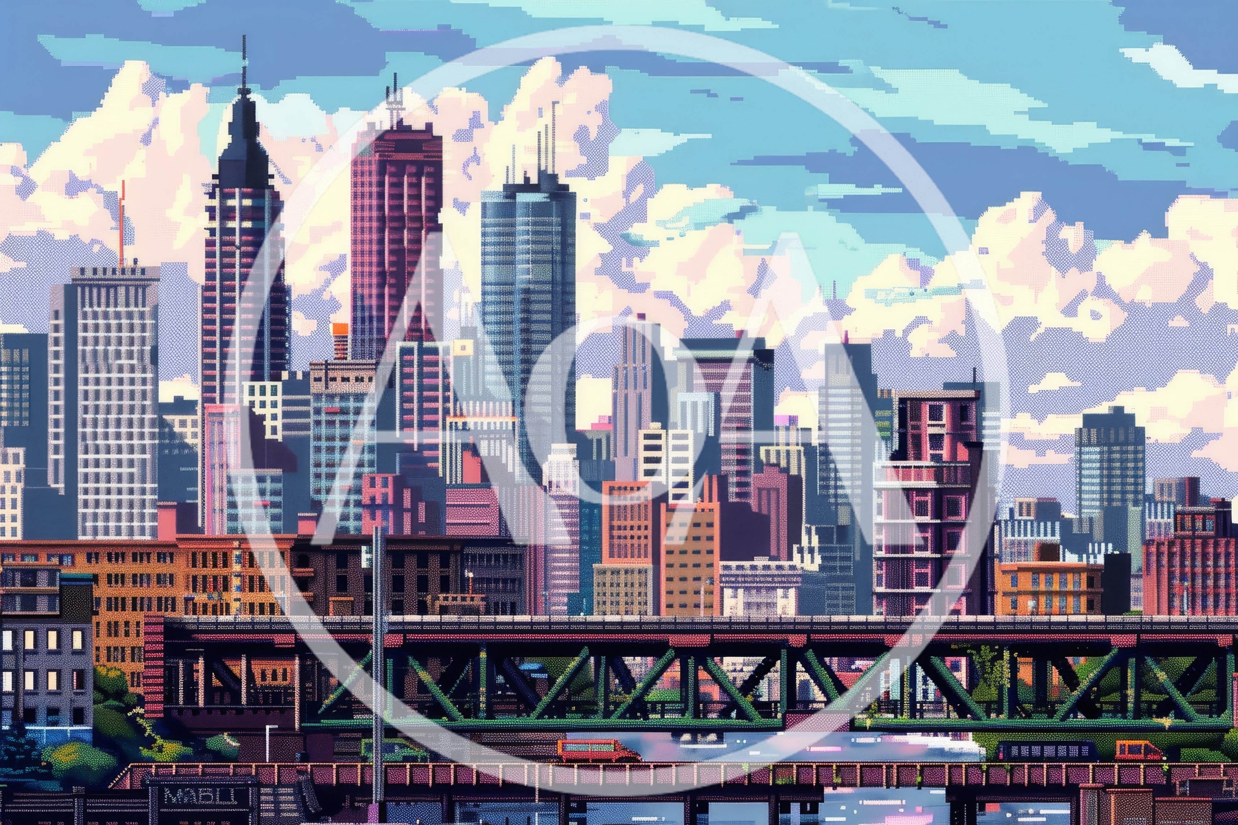 Pixel Art Cityscape With Elevated Railway Bridge