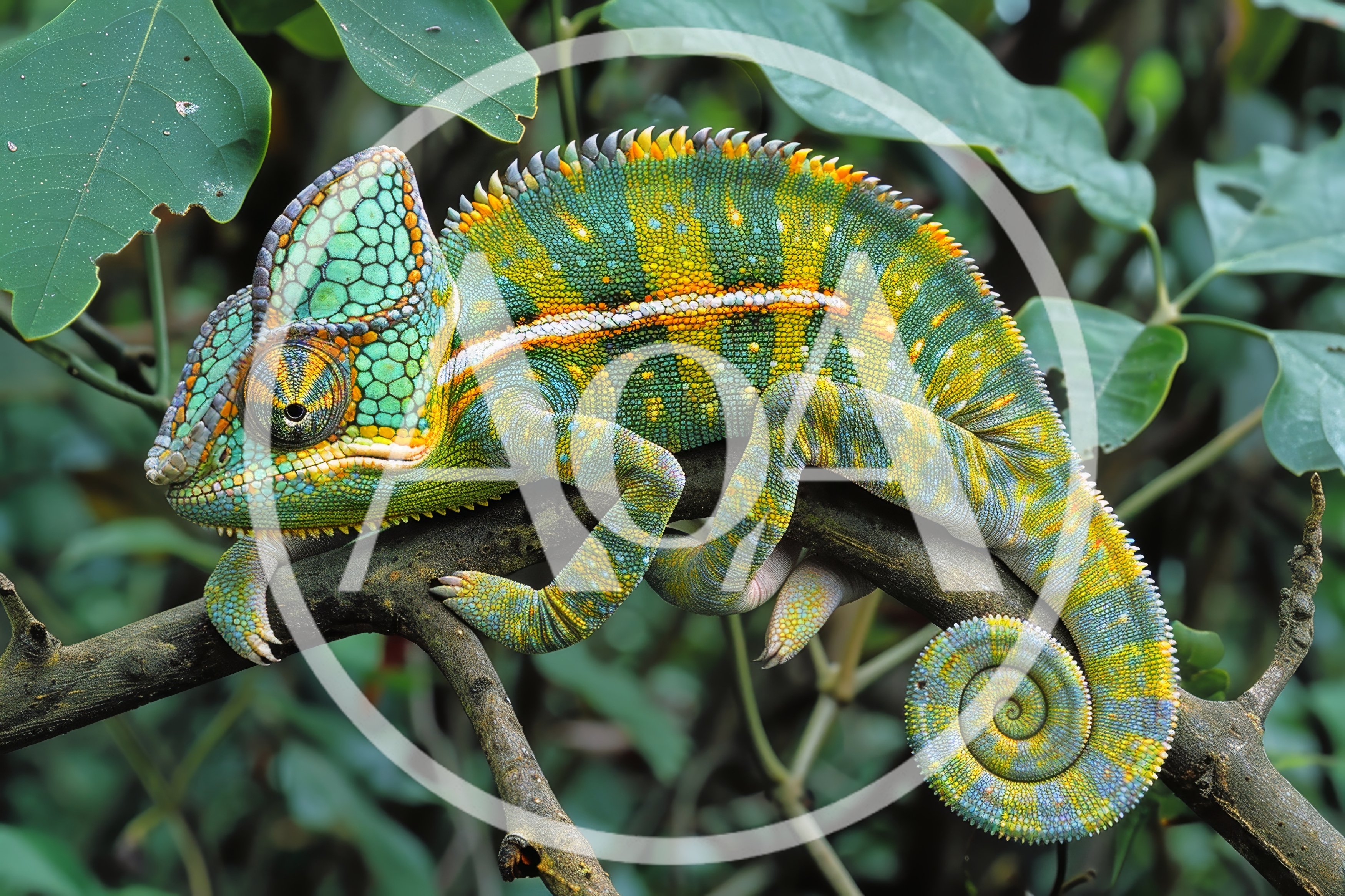 Veiled Chameleon Resting On A Tree Branch