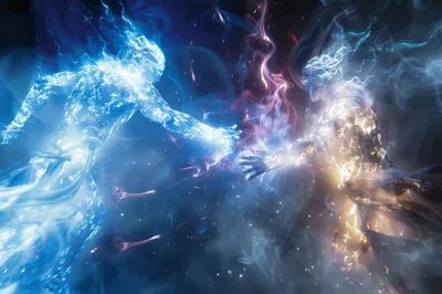 Two Ethereal Energy Beings Reaching Out To Each Other