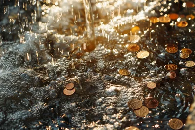 Copper Coins Resting In A Bubbling Fountain