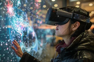 Young Woman Interacting With Virtual Reality Interface