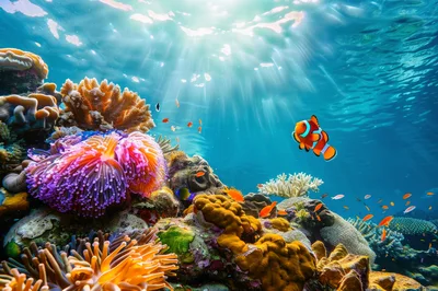Clownfish Swimming Near Vibrant Coral Reef Underwater