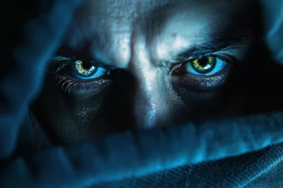 Close Up Of Intense Human Eyes In Shadow