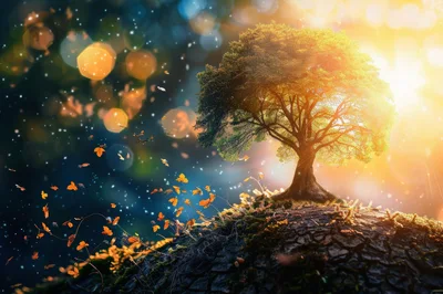 Glowing Tree On A Cracked Earth Hillside