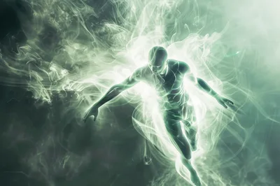 Ethereal Human Figure Floating In Glowing Green Energy