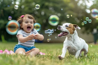 Toddler Girl Playing With Bubbles And Dog Outdoors