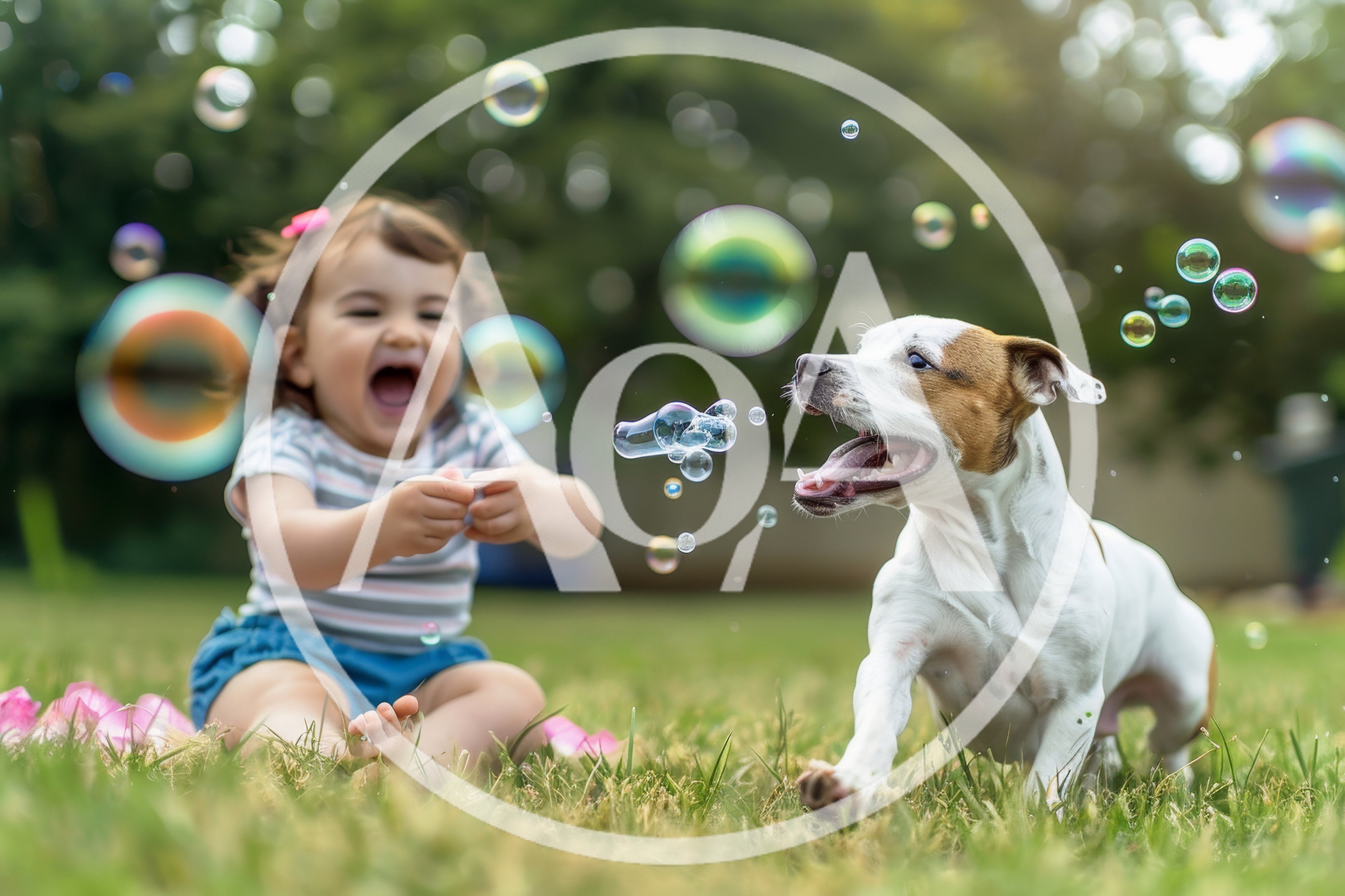 Toddler Girl Playing With Bubbles And Dog Outdoors