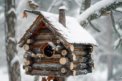 Rustic Log Cabin Birdhouse In Snowy Winter Forest