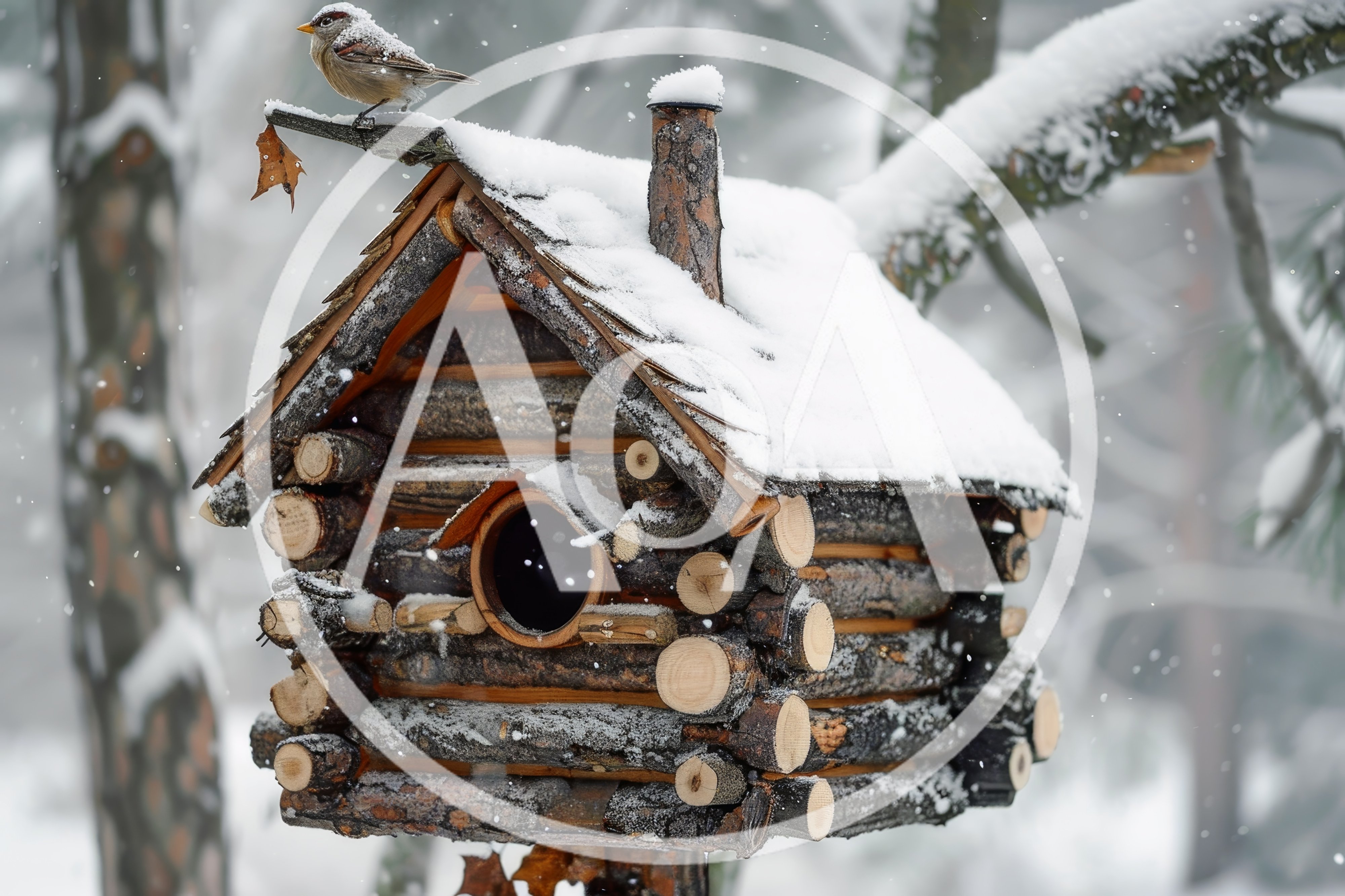 Rustic Log Cabin Birdhouse In Snowy Winter Forest