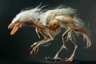 Surreal Skeletal Creature With Long White Hair