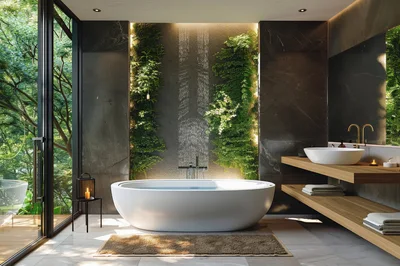 Modern Luxury Bathroom With Indoor Waterfall And Bathtub