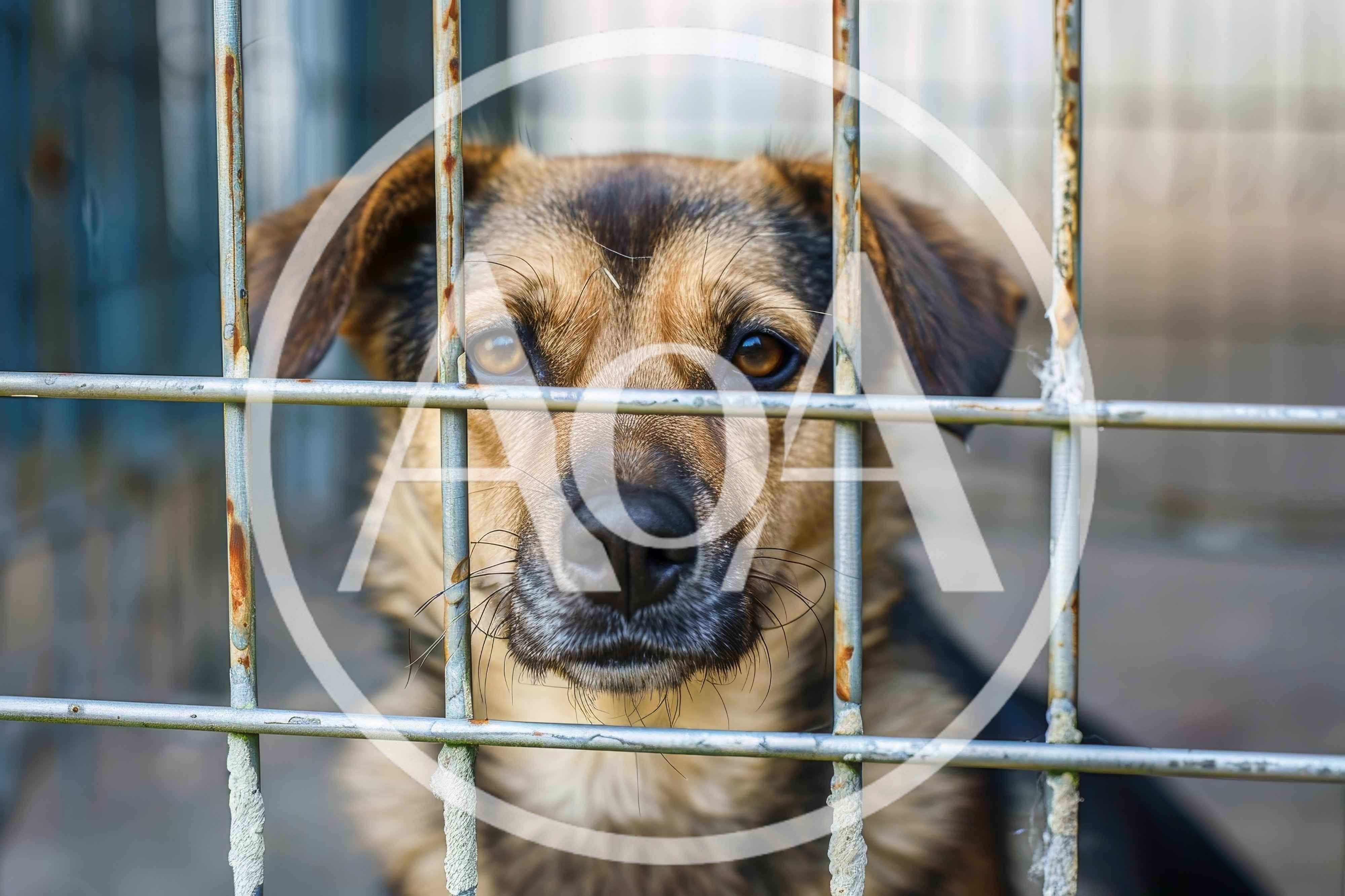 Sad Dog Looking Through Metal Kennel Cage Bars
