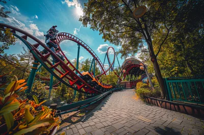 Roller Coaster Train Navigating A Curved Track