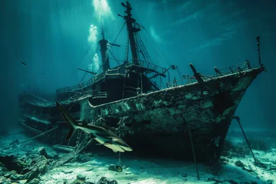 Shark Swimming Near A Sunken Shipwreck Underwater