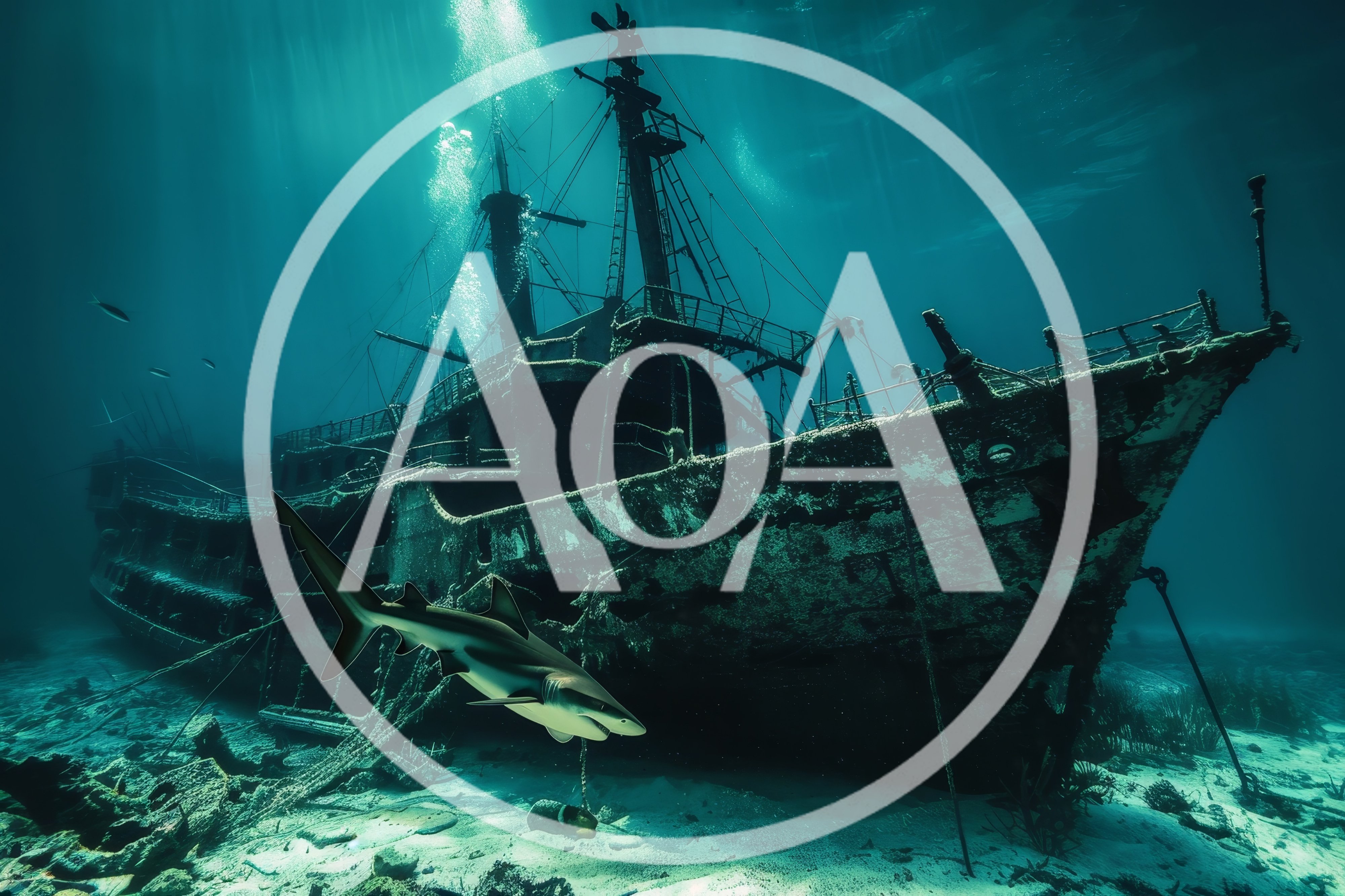 Shark Swimming Near A Sunken Shipwreck Underwater