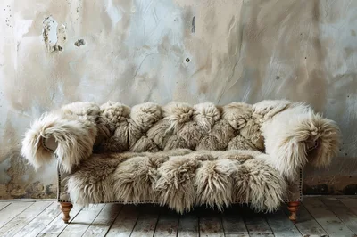Vintage Fur Covered Sofa Against Distressed Wall