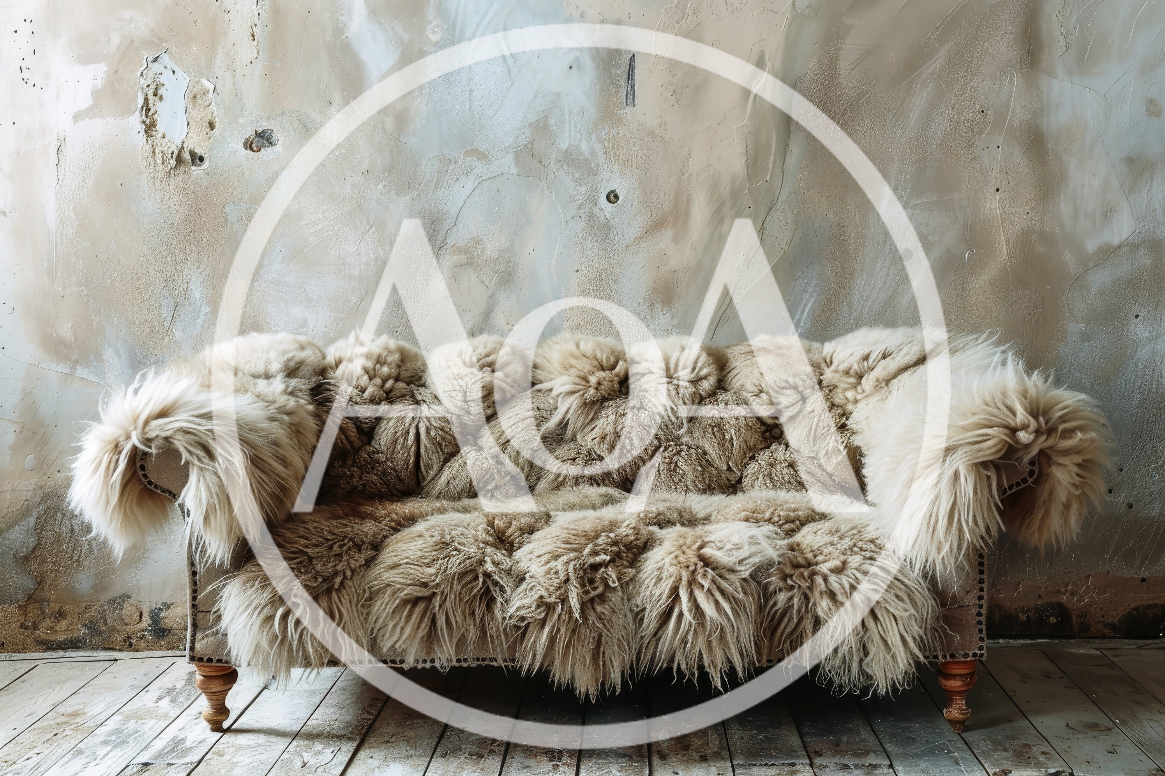 Vintage Fur Covered Sofa Against Distressed Wall