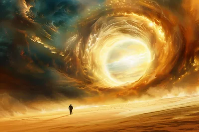 Lone Figure Standing Before A Massive Celestial Portal