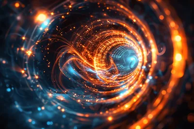 Abstract Digital Wormhole With Glowing Orange And Blue Particles