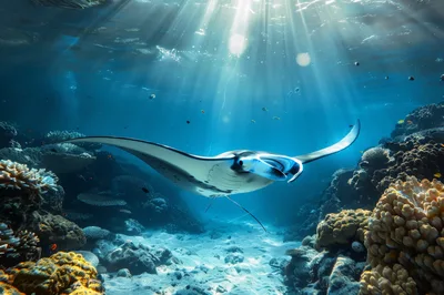 Manta Ray Swimming Over Coral Reef