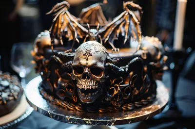 Gothic Skull Themed Cake With Dragon Wings