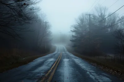 Empty Asphalt Road Through Foggy Forest Landscape