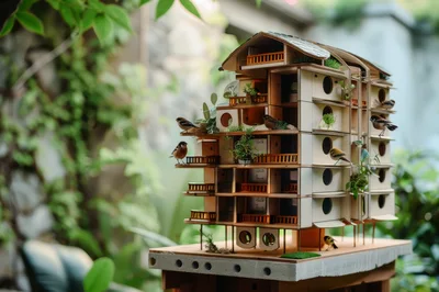 Miniature Wooden Birdhouse Apartment Complex With Birds