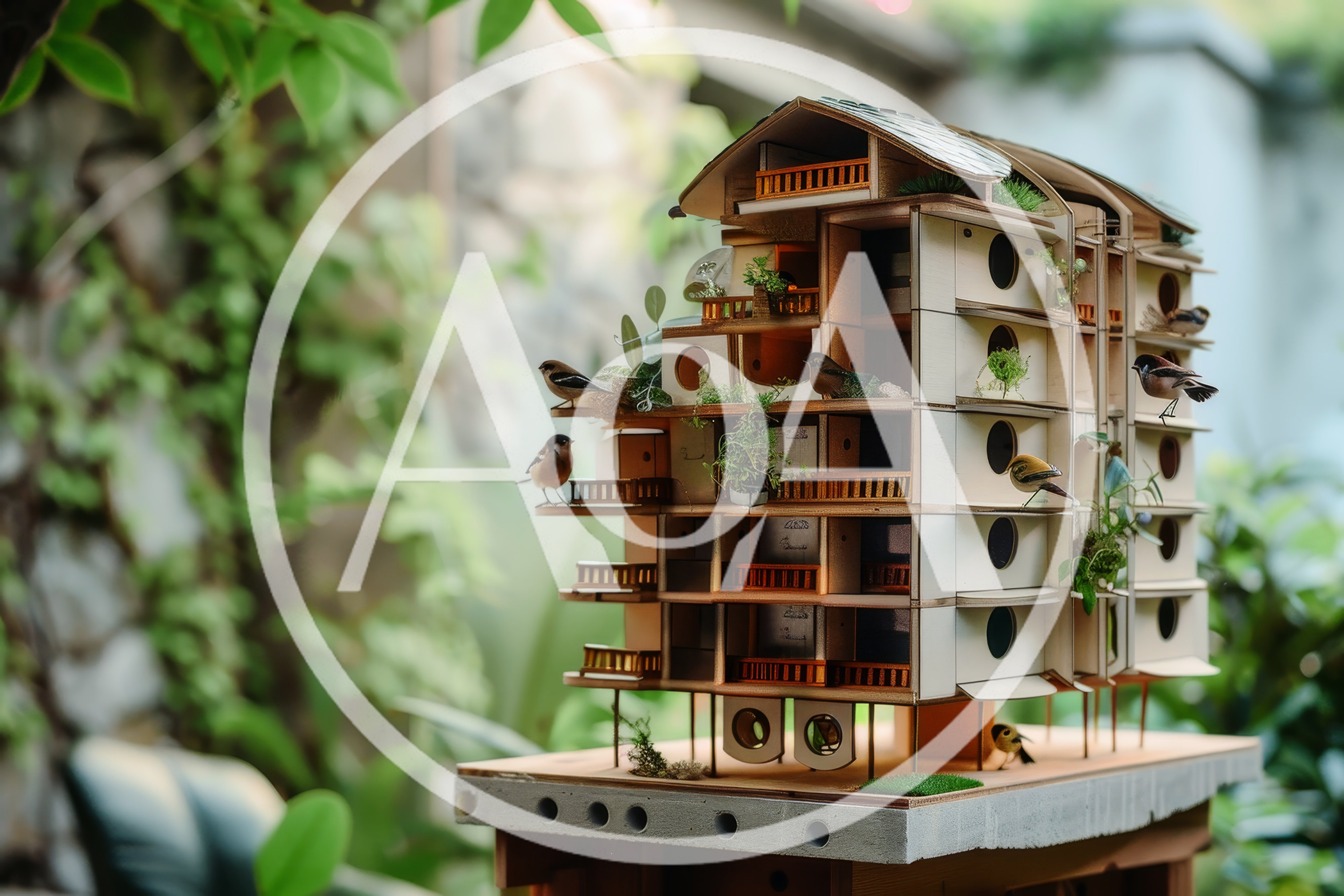 Miniature Wooden Birdhouse Apartment Complex With Birds