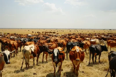 Large Herd Of Cattle Grazing In Dry African Savanna