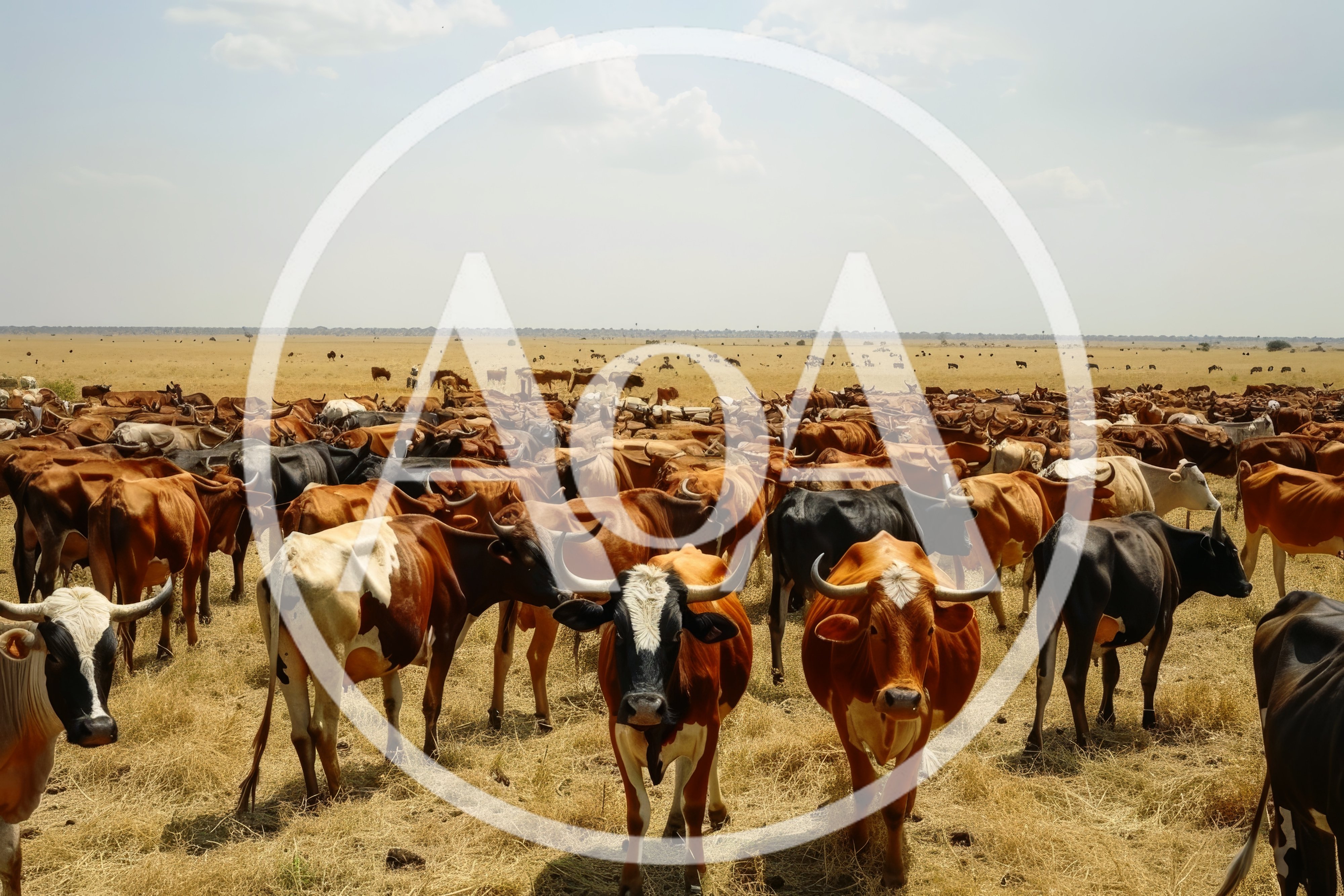 Large Herd Of Cattle Grazing In Dry African Savanna