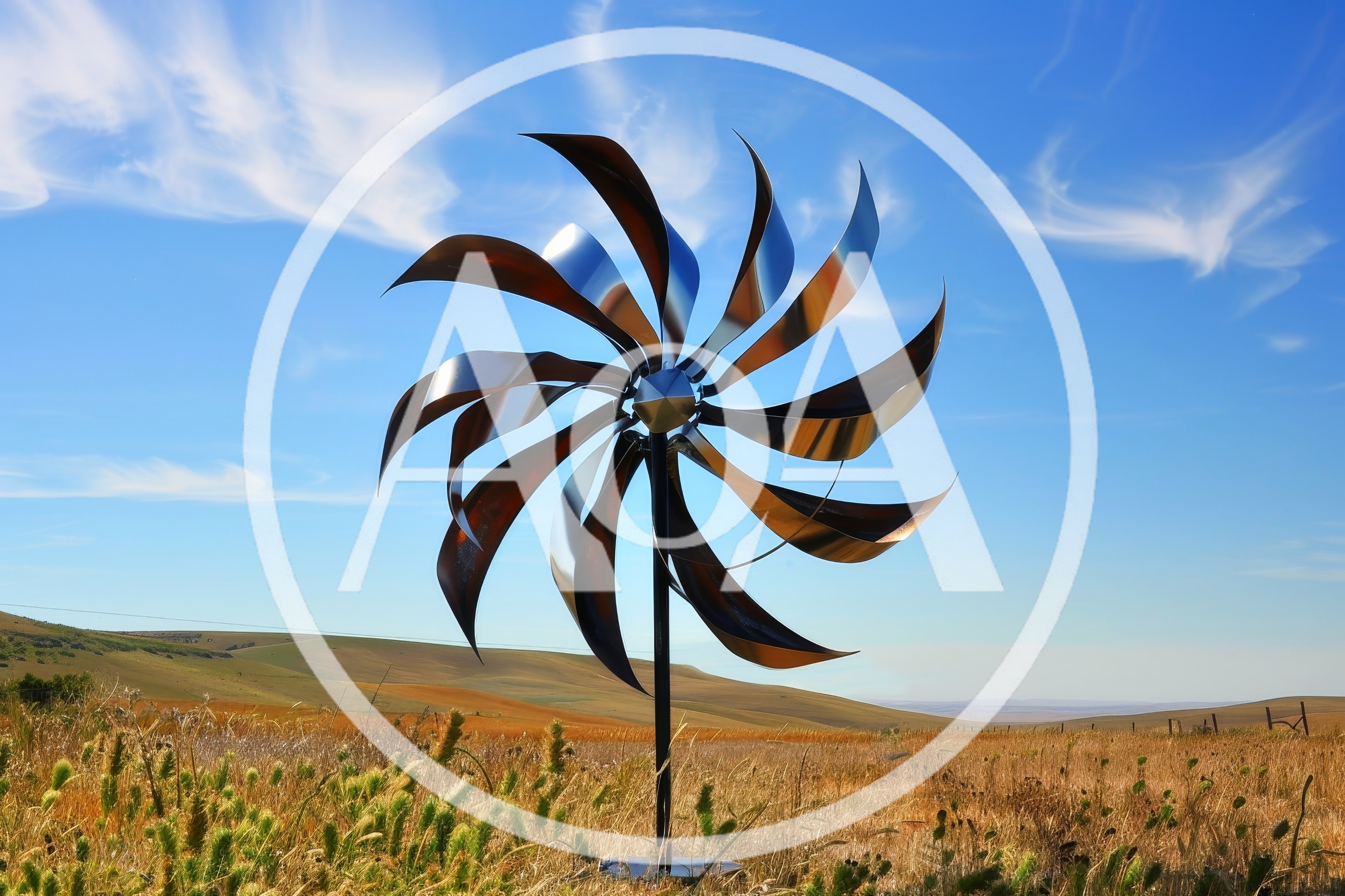 Kinetic Metal Wind Spinner Sculpture In A Grassy Field