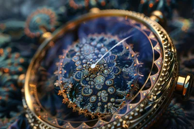 Intricate Golden Pocket Watch With Fractal Blue Dial