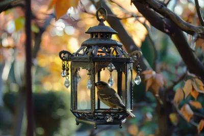 Small Bird Perched Inside An Ornate Decorative Lantern