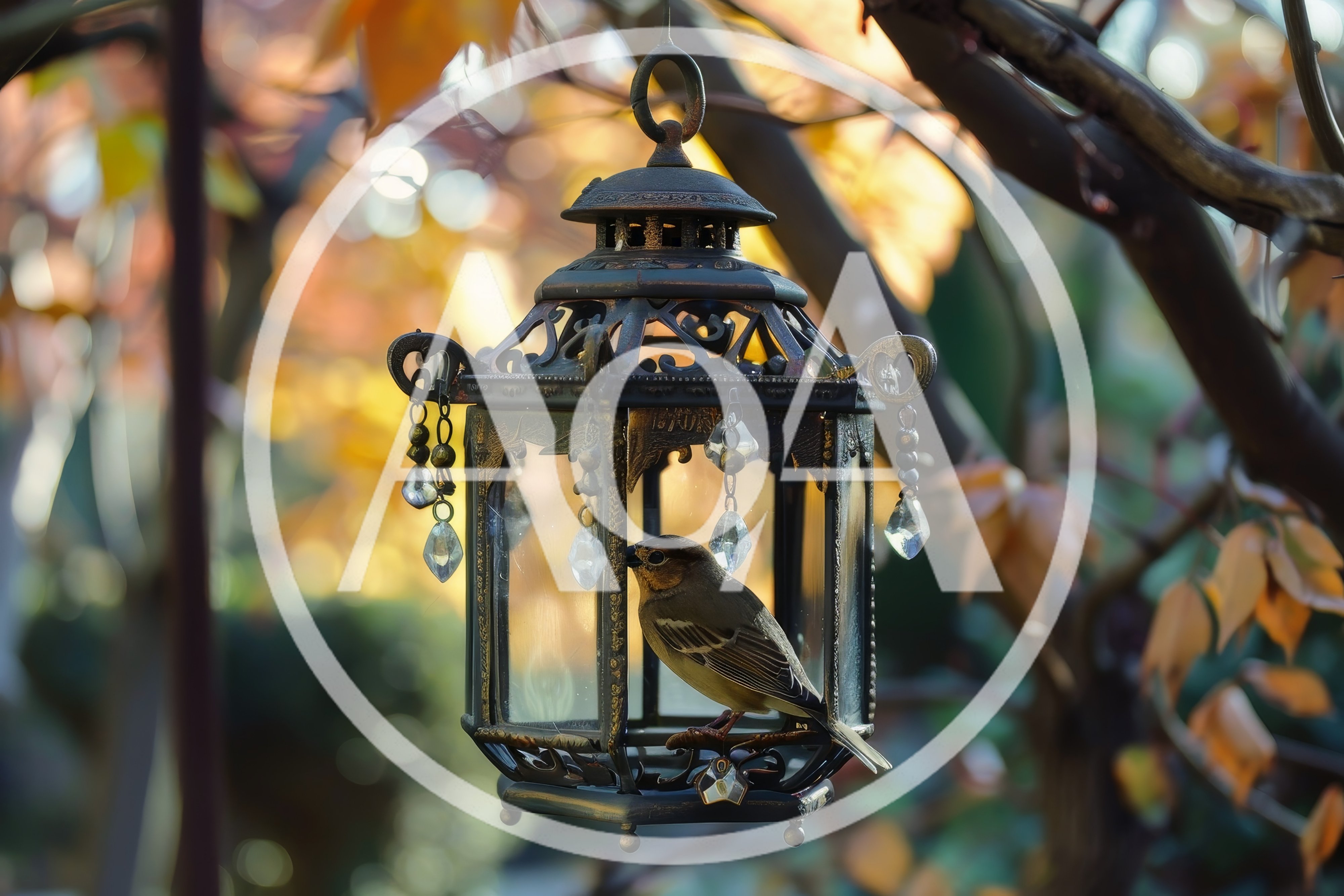 Small Bird Perched Inside An Ornate Decorative Lantern