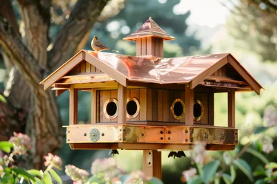 Small Bird Perched On A Copper Roof Birdhouse