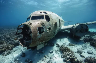 Sunken Airplane Wreckage Resting On The Ocean Floor