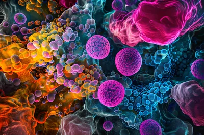 Microscopic View Of Colorful Biological Cells And Structures