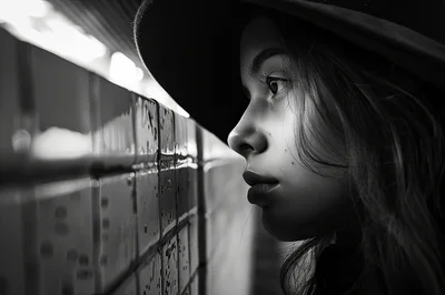 Young Woman Looking At Subway Tiled Wall