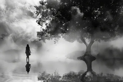 Silhouette Of A Woman Standing In Misty Water