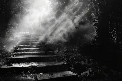 Stone Staircase Leading Into A Misty Forest