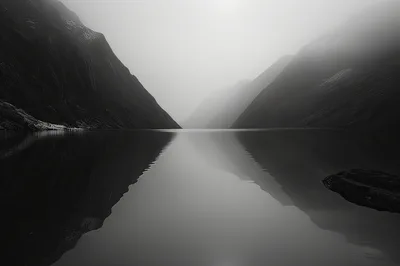 Serene Black And White Mountain Lake Landscape