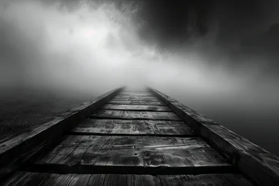Wooden Pier Extending Into Dense Foggy Horizon