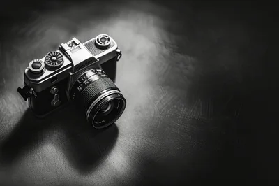 Vintage Film Camera Resting On A Dark Textured Surface