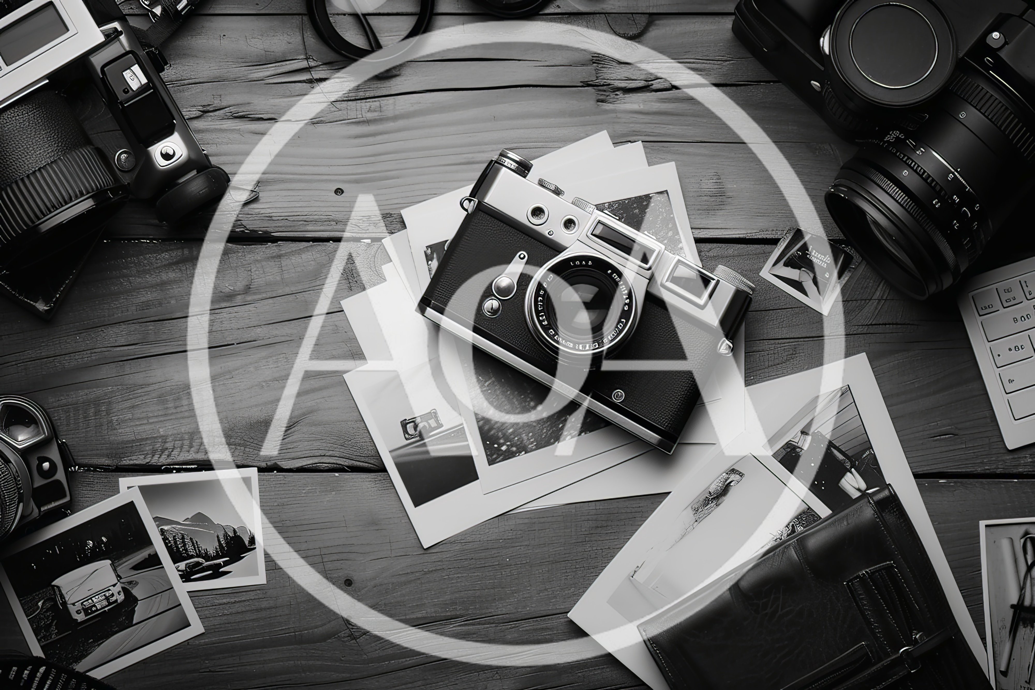 Vintage Film Cameras And Photographs On Wooden Table