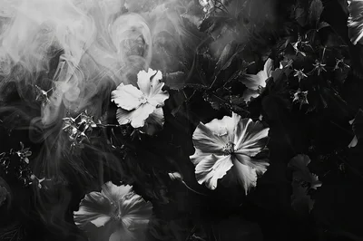 Black and White Flowers Surrounded by Swirling Smoke