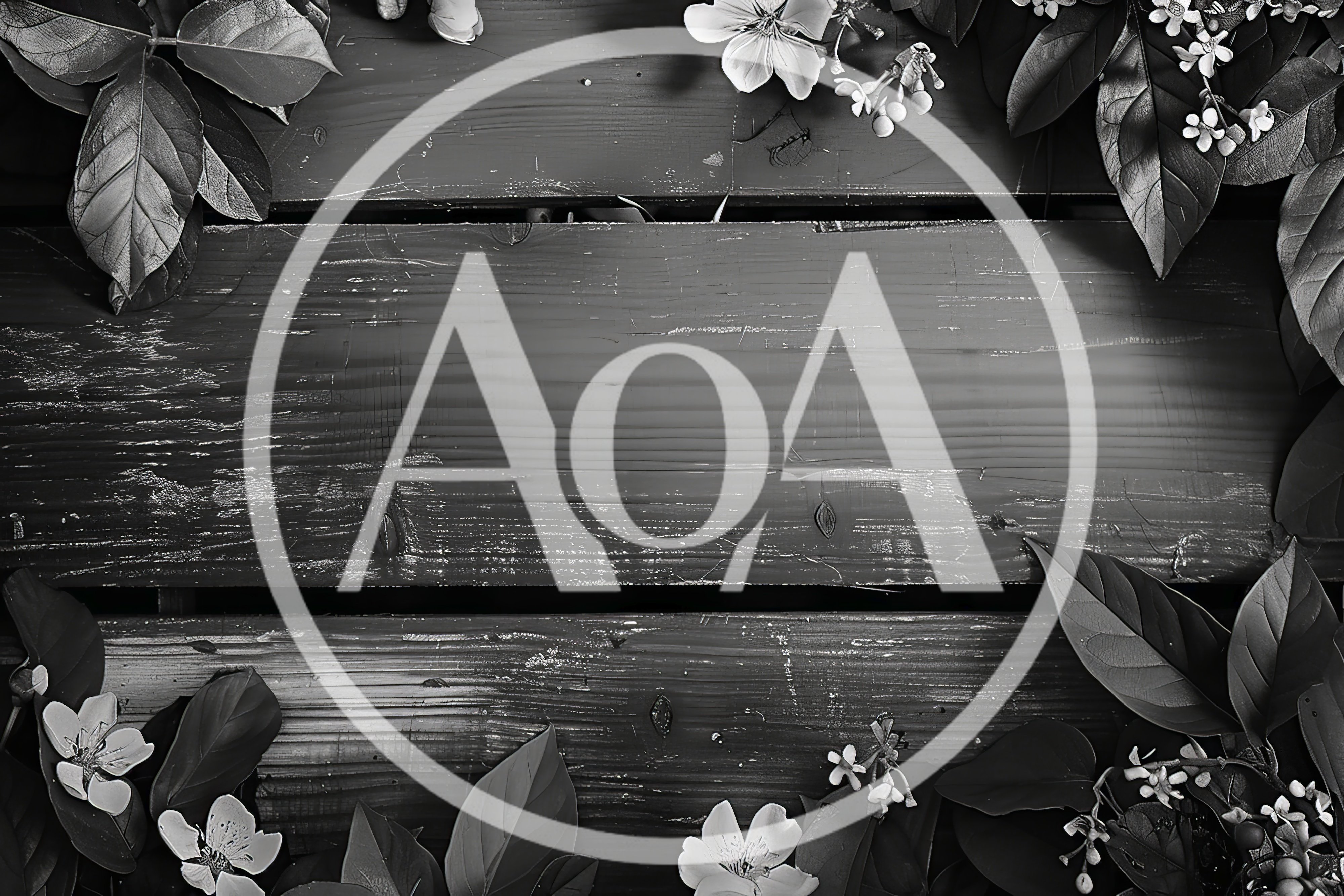 Black and White Floral Frame on Wooden Background